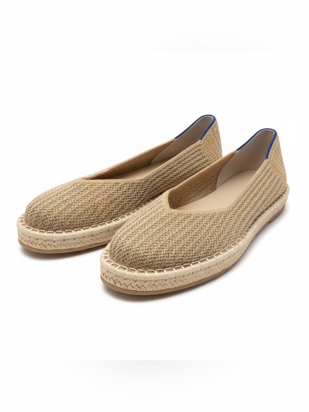 Rothy's Tan Woven Espadrille Flats with Blue Trim